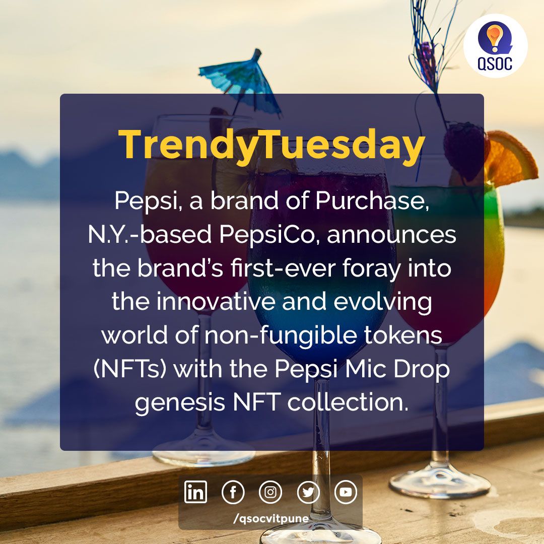 qsocvitpune's tweet photo. Anchored in the brand’s roots in music, @pepsi is creating 1,893 (to mark the year Pepsi was born) unique generative-style NFTs that will go live on the Ethereum blockchain at noon ET Friday, Dec. 10, free for users (outside gas fees).
#pepsi #NFTs #music #qsoc #vit #pune https://t.co/Sb4xgTUBbb
