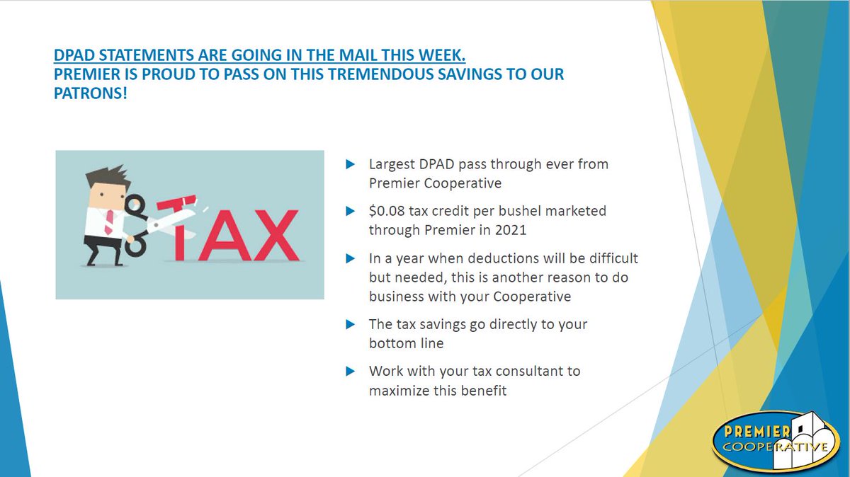PremierCoop's tweet photo. DPAD,  Domestic Production Activities Deduction is a tax credit Premier Cooperative earned in fiscal year 2021. Please contact our Main Office if you have any questions: 217-355-1983 https://t.co/AMsZte8mJy