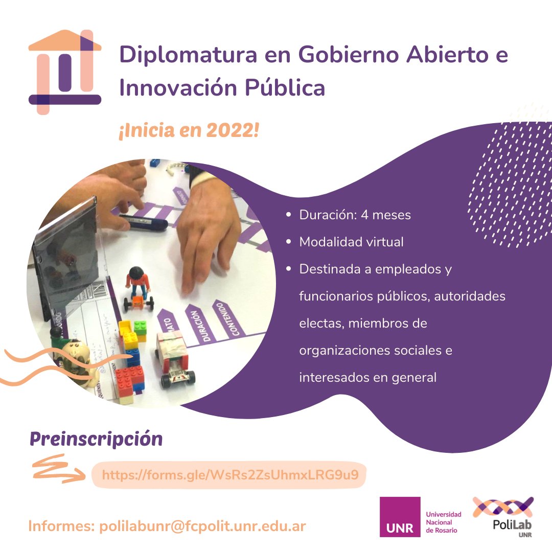 ¡En 2022 se viene la Diplomatura en Gobierno Abierto e Innovación Pública! 🙌

¡No te la pierdas! Si te interesa la propuesta, dejanos tus datos en este formulario de preinscripción ⬇️

forms.gle/WsRs2ZsUhmxLRG…

Para informes escribinos a: polilabunr@fcpolit.unr.edu.ar 📧