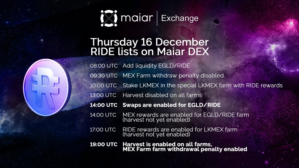 It's almost time $eGLD Warriors for the launch of <a href="/holoride/">holoride</a> with their $RIDE token on Maiar.exchange.

We are super excited about this and all the future integrations.

Below we have the launch schedule.

Are you ready for the next wave?