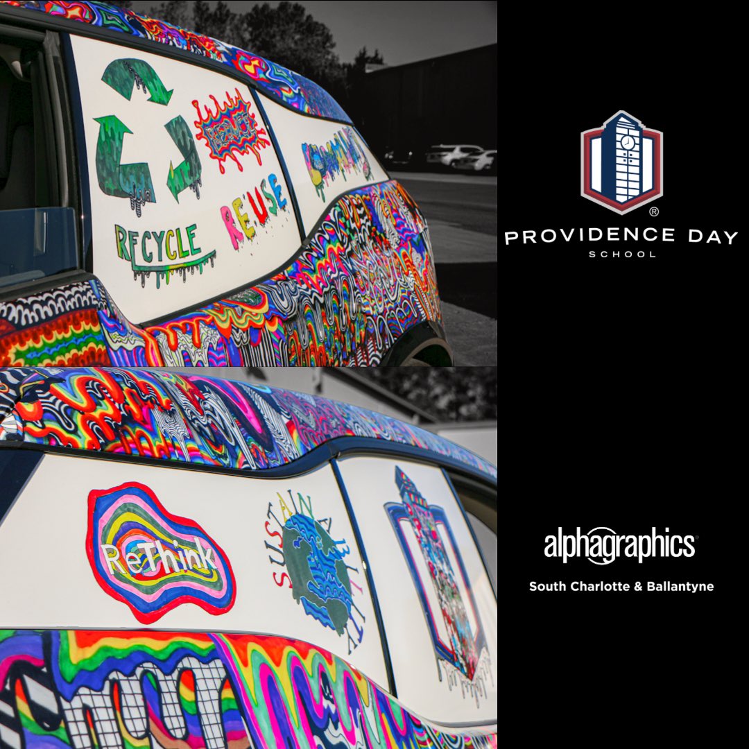 We were honored to work with Providence Day School on this incredible BMW i3 vehicle wrap that was designed by students and was inspired by LA-based artist, Jen Stark's "drip" art. We compiled all of the drawings and put together a wrap concept that was used on vehicle.