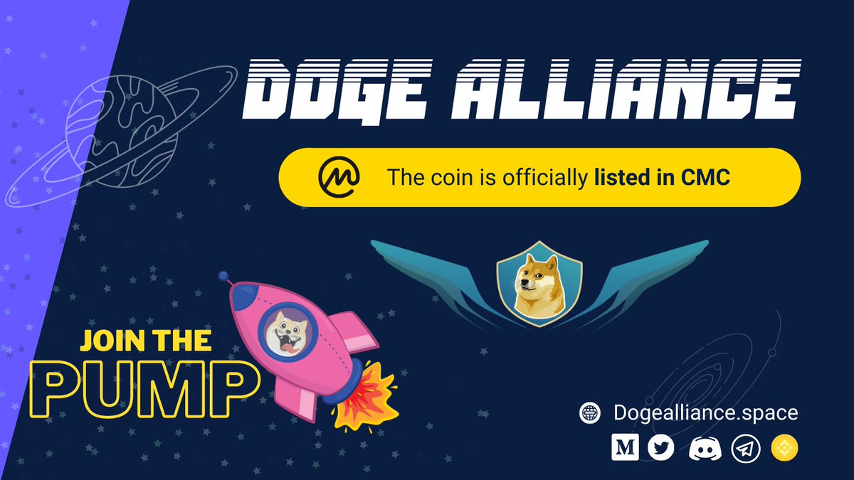 Doge Alliance is officially listed in CMC 🚀

A galactic co-op with the mission of elevating doge to new universal domains!

Join the Doge Troopers 🧑‍🚀 at: t.me/dogealliance_c…

#BSCGem #BSC #BSCGems #DOGEALLIANCE #doge #CMC_Listed #CMC