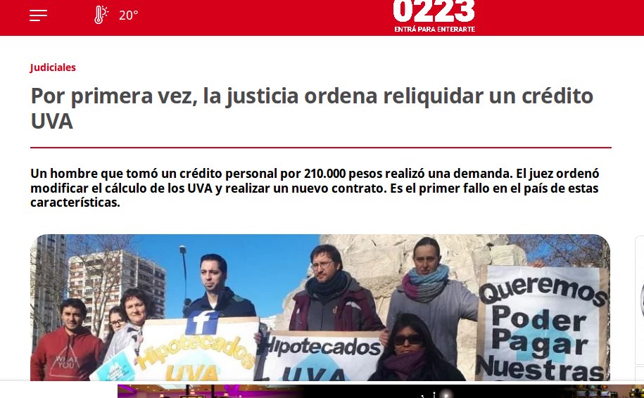 .<a href="/alferdez/">Alberto Fernández</a> Aparecen los primeros fallos favorables de la justicia contra el sistema UVA. Lo celebramos pero los #HipotecadosUVA entendemos que la #SolucionUVA de fondo debe venir del Estado. Porque el UVA fue una política de Estado. Y la solución debe ser para todas las familias!