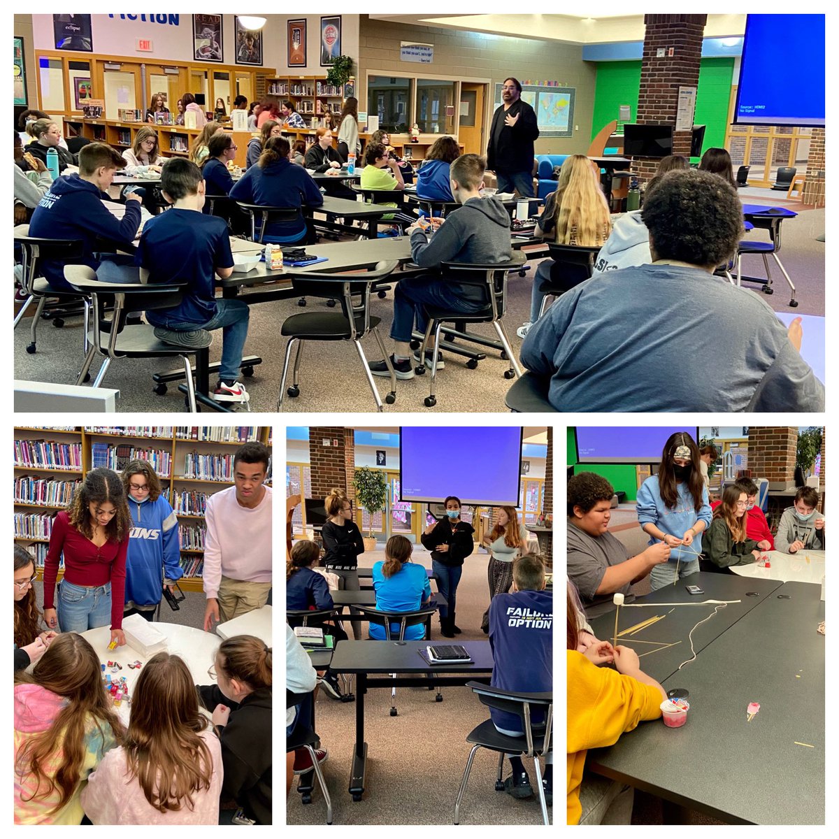 Marketing and DECA lunch n’ learn today @RMSNobleKnights. Thank you to @forlinimarketi1 and your students for the informational and fun activities! The marshmallow tower building and dumpster dive activities were super fun for the 8th graders! @BrasureCTE #frasercte