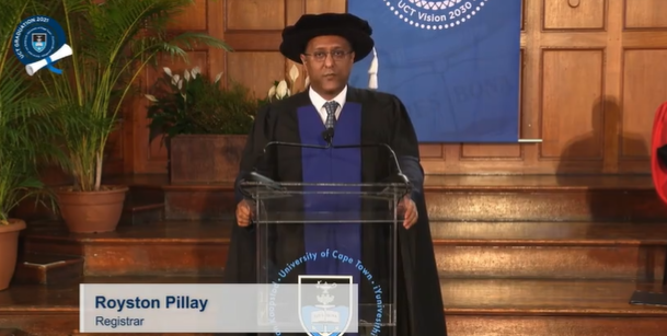 UCT_news's tweet photo. #UCTGrad2020 The Programme Director (PD) Mr Royston Pillay welcomes guests to the 2021 virtual graduation celebratory event for our December cohort of graduates. https://t.co/2mBCZLOH94