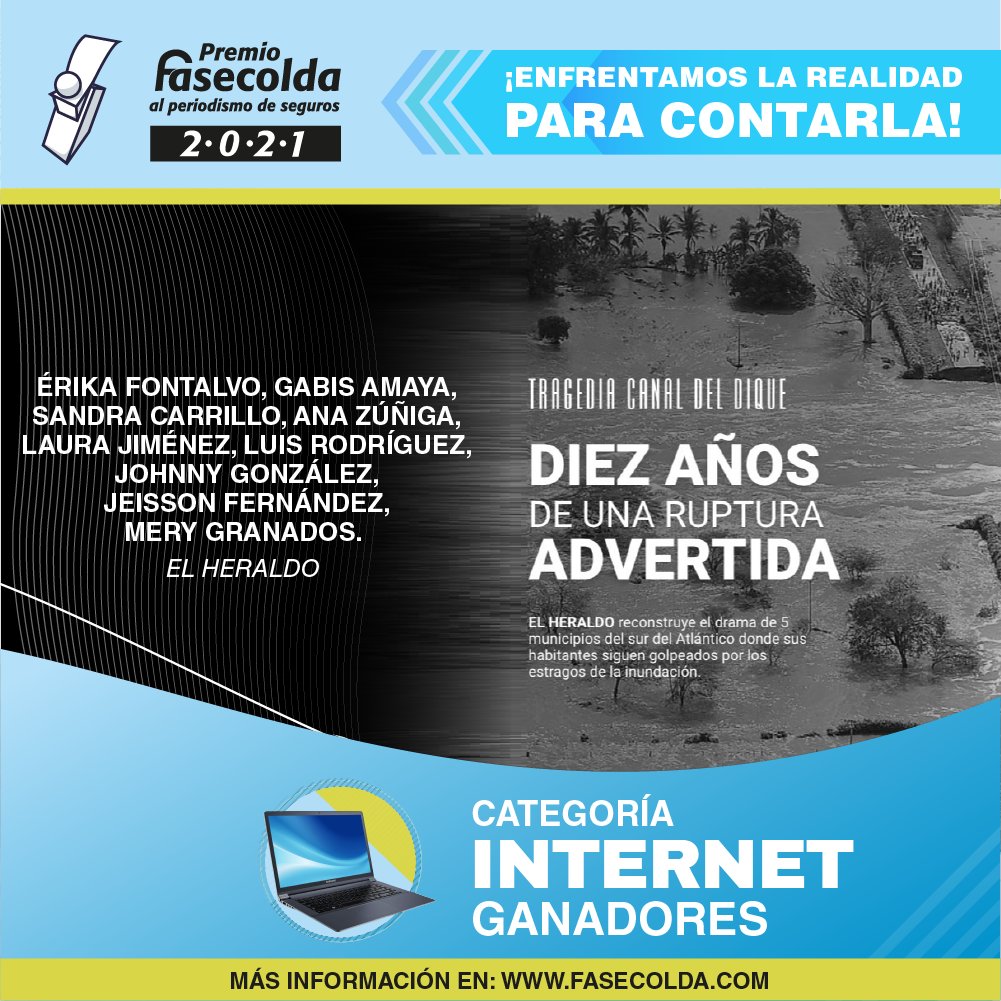 FasecoldaOficia's tweet photo. Érika Fontalvo, Gabis Amaya, Sandra Carrillo, Ana Zúñiga, Laura Jiménez, Luis Rodríguez, Johnny González, Jeisson Fernández y Mery Granados, de @elheraldoco, ganadores del #PremioFasecolda en categoría Internet por 'Tragedia del Canal del Dique, 10 años de una ruptura advertida'. https://t.co/1Q7xRKyzsC
