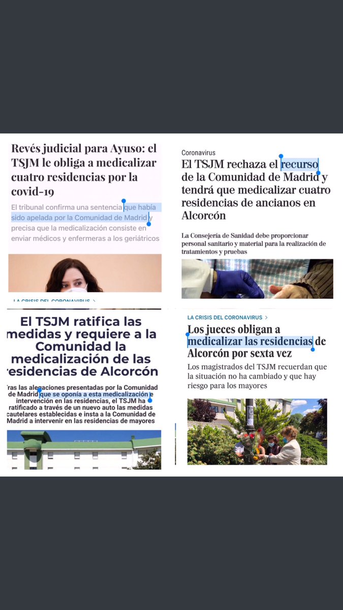 <a href="/manuelrico/">Manuel Rico</a> <a href="/fiscal_es/">Fiscalía General</a> Hay que recordarlo todos los días
Ayuso no solo prohibió que los llevaran al hospital,hizo algo aún peor
Cuando el Tribunal superior de Justicia la obligó a medicalizar las residencias,ella presentó un recurso para no hacerlo,en 6 ocasiones,no quiso cumplir la orden de ayudarles