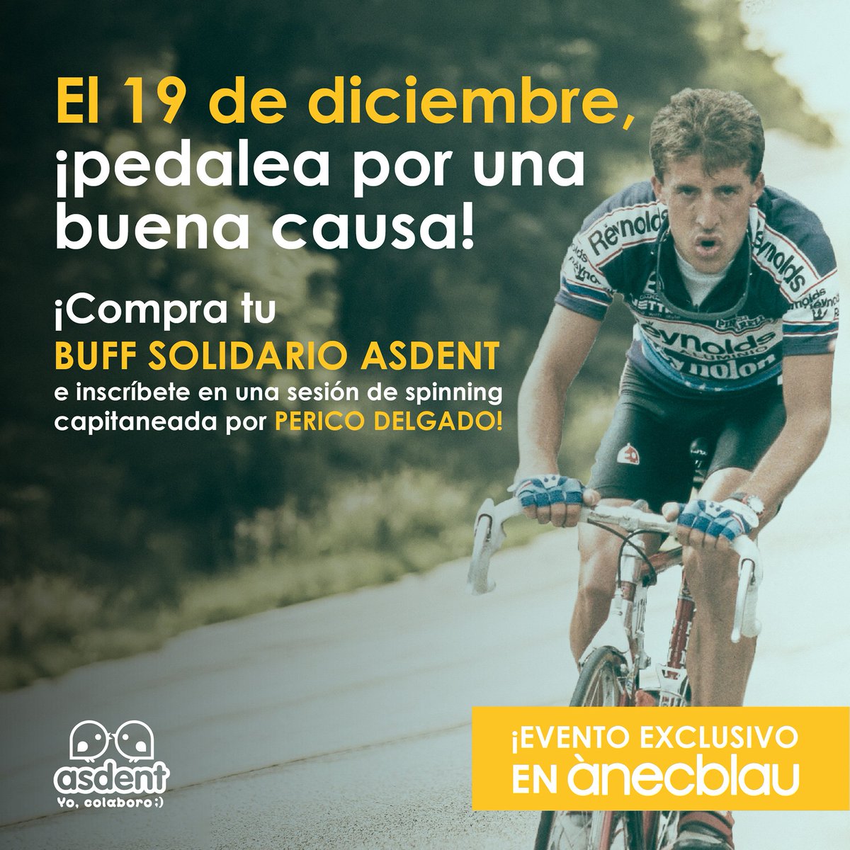 pedrodelgadoweb's tweet photo. Antes de cargarte de calorías estas Navidades, puedes quemar algunas en el evento solidario de @Asdent_es este domingo 19 diciembre en el centro comercial @anecblau Castelldefels
Clases de spinning y con @Santi_Millan participar en un Talent Asdent
+info: https://t.co/bIwtfwilag https://t.co/dPJqFvMgpA