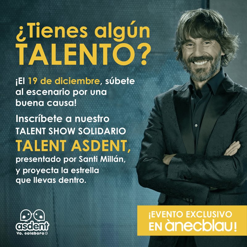 Antes de cargarte de calorías estas Navidades, puedes quemar algunas en el evento solidario de <a href="/Asdent_es/">Asdent</a> este domingo 19 diciembre en el centro comercial <a href="/anecblau/">ànecblau</a> Castelldefels
Clases de spinning y con <a href="/Santi_Millan/">Santi Millán</a> participar en un Talent Asdent
+info: anecblau.com