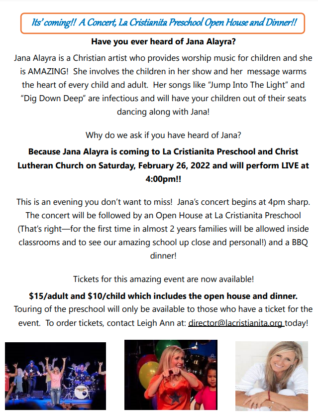 BeachChurchSC's tweet photo. Children's Christian Worship Music Superstar @JanaAlayra is performing LIVE at La Cristianita Preschool Saturday 2.26.22 at 4PM. Tickets are $15/adults, $10/kids! LCP Open House and BBQ to follow. Hurry before we sell out! 
#ChildrensMusic #ChristianMusic #PreschoolOpenHouse https://t.co/bj01RNxgmV