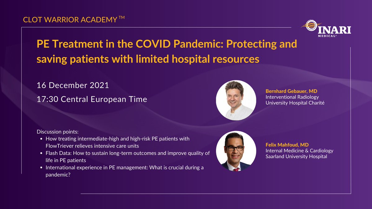 InariMedical's tweet photo. Upcoming #ClotWarriorAcademy: What if there was a way to treat #PulmonaryEmbolism patients without the need for #ICU stay? What is crucial for #PE treatment during #COVID19? Join Thursday, Dec 16 to learn more. Register: https://t.co/OIygTunT78 https://t.co/dKNgiU59dj
