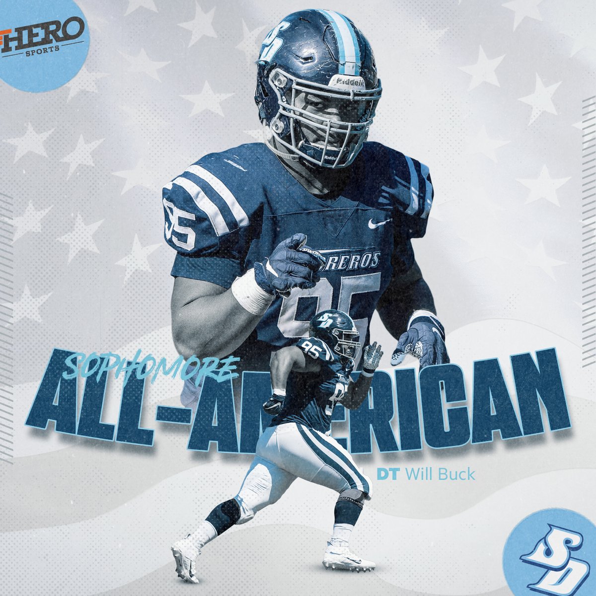 USDFootball's tweet image. A monster season for Will Buck ends in national recognition. 🇺🇸

After leading the PFL in sacks, Buck is named a @HEROSports_FCS Sophomore All-American.

#GoToreros