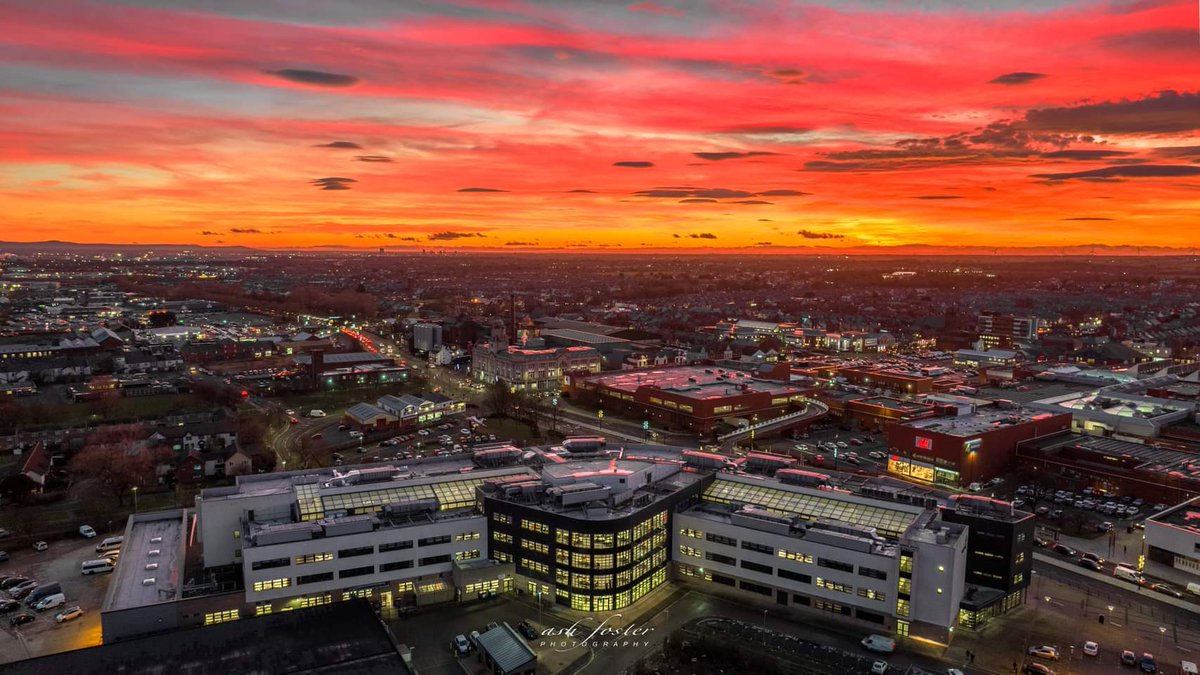 hartlepoolfe's tweet photo. Another amazing drone 📸 by Ashley Foster, this time from the back of our College looking over Hartlepool under tonight's magnificent red sky #TransformingLives #Sunset https://t.co/orSjytYNAO