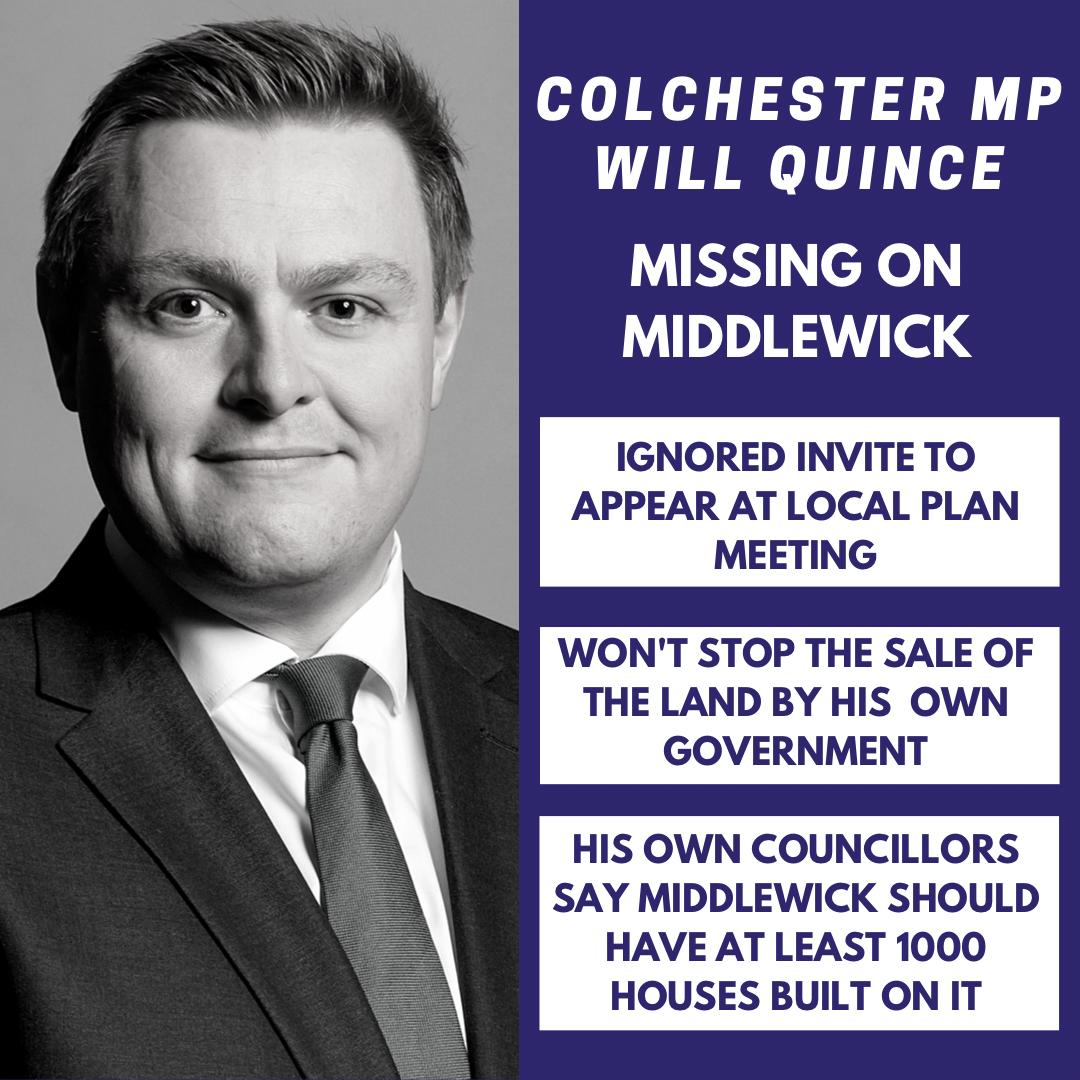 ColchesterLab's tweet image. We seem to have an #AbsentMP in #Colchester
He ignored the invite to the planning meeting on Middlewick, he will not step in to stop the sale, and his party support the build. 

Enough is enough @willquince stand up and be counted.
