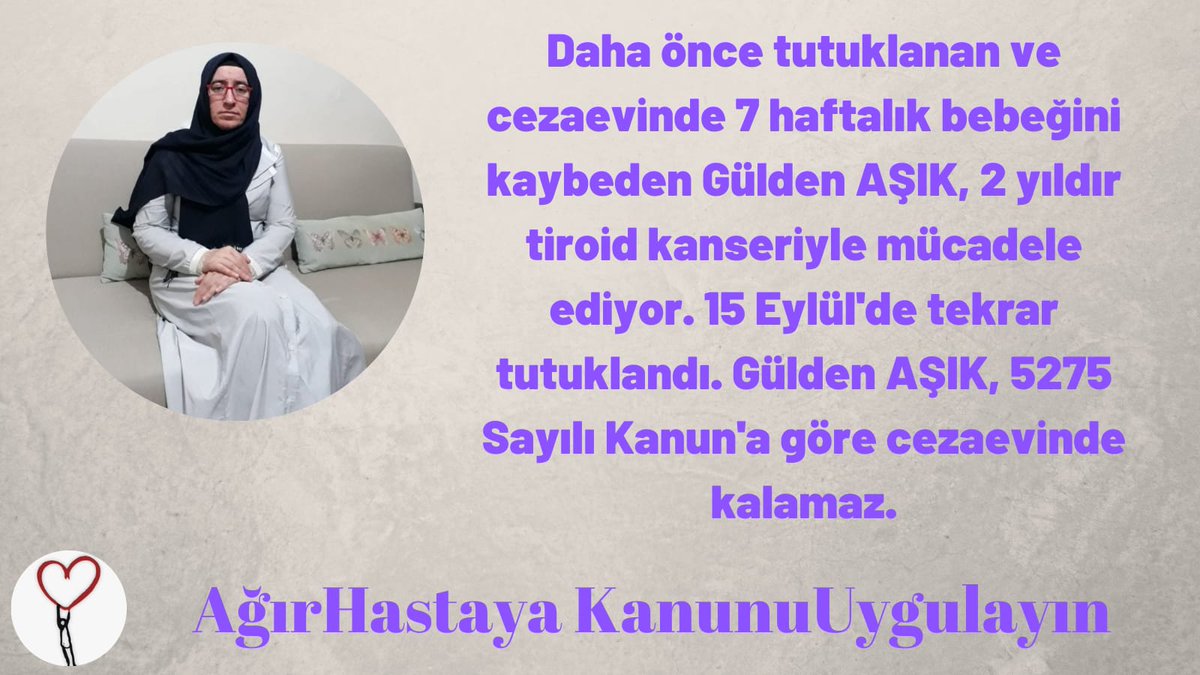 Juliannabrx's tweet photo. Tiroid kanseri Gülden Aşık 5275 sayılı kanuna göre cezaevinde kalamaz‼️
@adalet_bakanlik 
AğırHastaya KanunuUygulayın https://t.co/9kUowPgbhR