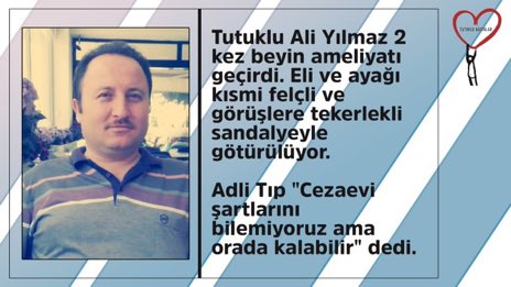 Ali Yılmaz
2 kez beyin ameliyatı geçirdi.
Eli ve ayağı kısmi felçli.
Görüşlere tekerlekli sandalyeyle götürülüyor.

Adli Tıp bu tutuklu hasta İçin”Cezaevi şartlarını bilemiyoruz ama orada kalabilir" dedi

<a href="/adalet_bakanlik/">T.C. Adalet Bakanlığı</a> <a href="/SKorurFincanci/">Sebnem KorurFincanci</a> 
AğırHastaya KanunuUygulayın