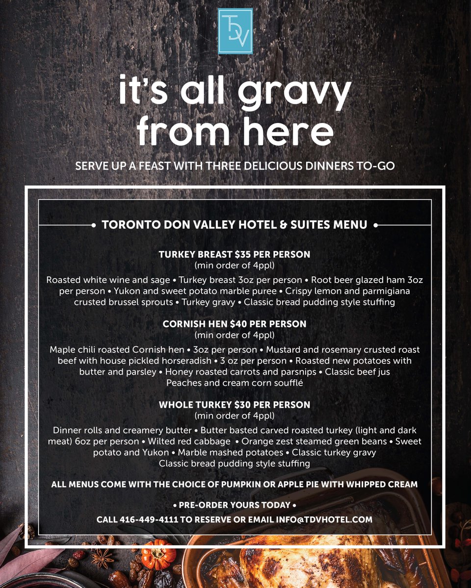 You've got a lot on your plate during the holiday season, let us take care of dinner.  

Serve up a feast with delicious dinners to-go! 🤤 Call us at 416.449.4111 to pre-order today. Swipe for menu details!