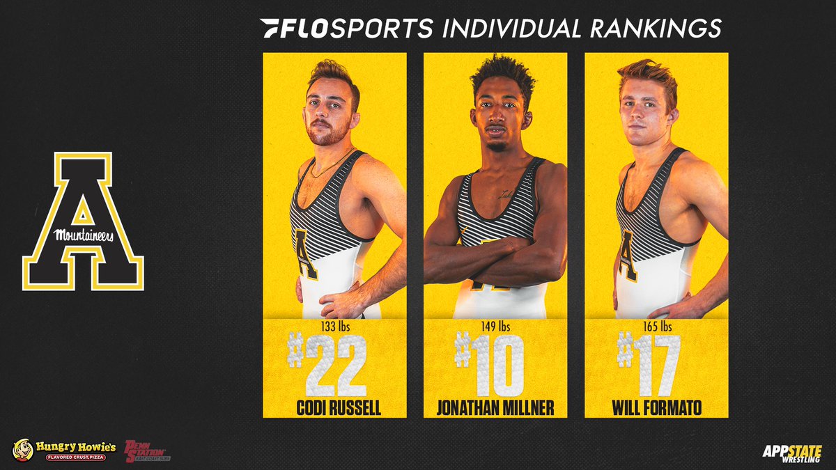 Top 24 rankings from <a href="/FloWrestling/">FloWrestling</a>:

133 pounds: 2️⃣2️⃣ <a href="/c_russell4/">Codi Russell</a>
149 pounds: 1️⃣0️⃣ <a href="/JCM138/">Jon Jon</a> 
165 pounds: 1️⃣7️⃣ <a href="/willformato/">Will Formato</a> 

#ReAchTheSummit