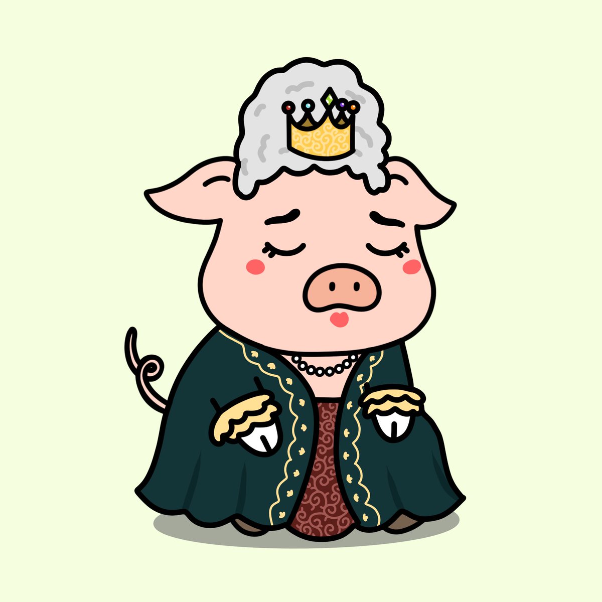 1/400 - Her Majesty - The Queen of all Piggies, her majesty has two meanings. First, as a homage to the Queen of England. More importantly, we have two queens in our project, our head designer and developer. As the Queen, she leads all farm animals in the Farm Friendz universe.