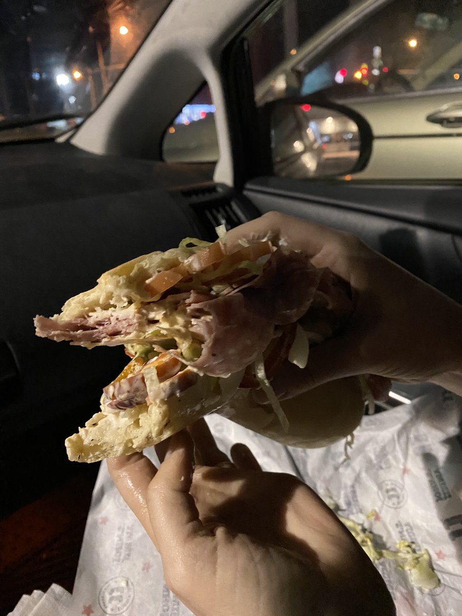 SarahMaddack's tweet photo. I need to tell you about the @jimmyjohns sandwich that happened to me. 

I always get the Italian Night Club, but this was an Italian Fight Club. 

The hinge of the bread was immediately split in two, and my hands were overflowing with meat, cheese, oil and vinegar. (1/3) https://t.co/rXdK7AJ0Fe