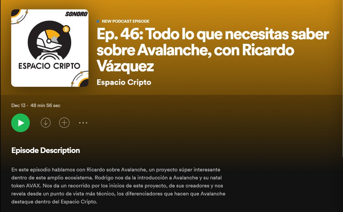 ¡No te pierdas la participación de <a href="/RicardOruka/">Ricardo 🏔</a> en el podcast <a href="/EspacioCripto/">Espacio Cripto 🚀🧑🏻‍🚀</a>, en el que nos cuenta qué hace tan especial a Avalanche, su tecnología, ecosistema y comunidad!

Gracias <a href="/Lalocripto/">Lalocripto 👩🏼‍🚀</a> y <a href="/abrahamcr/">Ab</a> por la invitación.

open.spotify.com/episode/48qOIv…