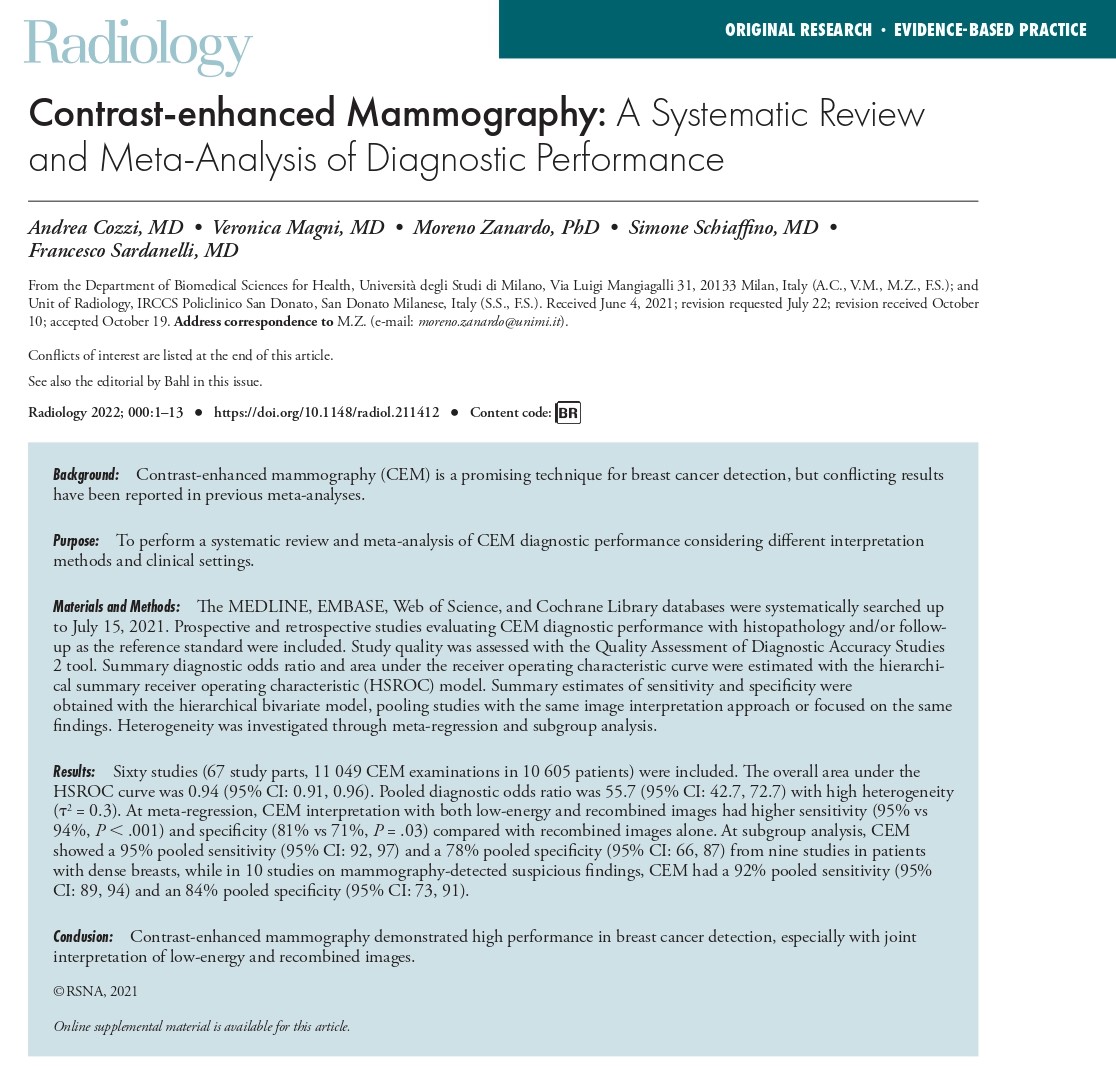 My first paper on <a href="/radiology_rsna/">Radiology</a>! 
Glad to have been part of this work!
Contrast-enhanced Mammography: A Systematic Review and Meta-Analysis of Diagnostic Performance
pubs.rsna.org/doi/full/10.11…