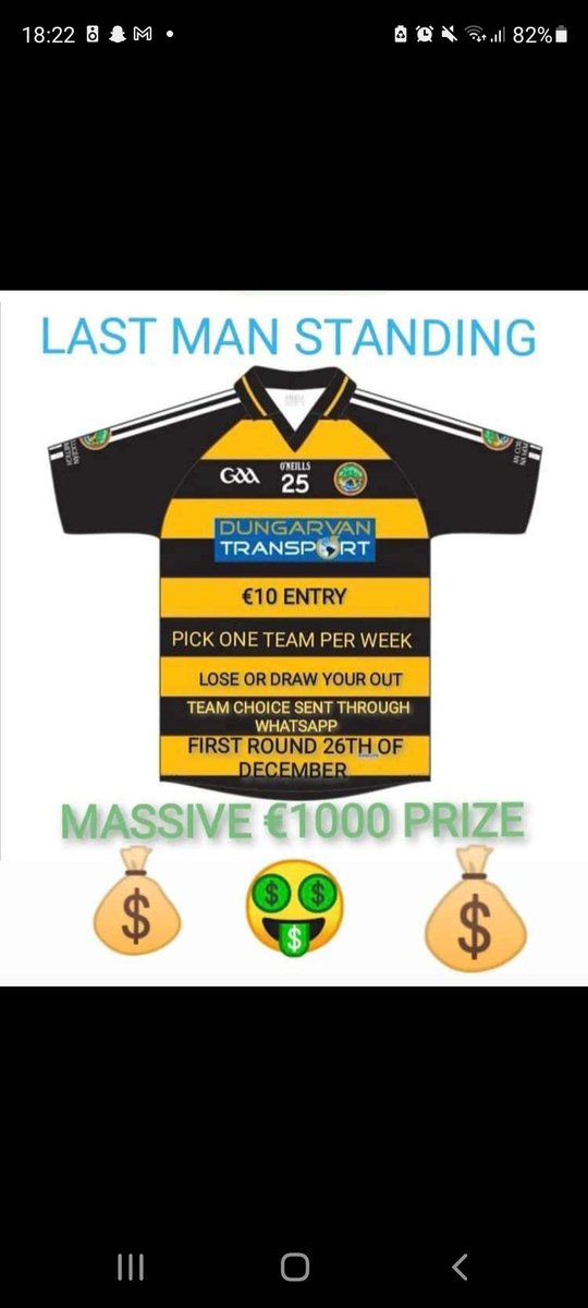 ⚫️🟠 LAST MAN STANDING ⚫️🟠 The club are running a last man standing competition with the winner taking €1,000 in prize money. Entry is €10, all support would be greatly appreciated... Spread the word... @johndavidcasey @WhelanGavin @ColinDunford @markflynn1986 @kevincasey1978