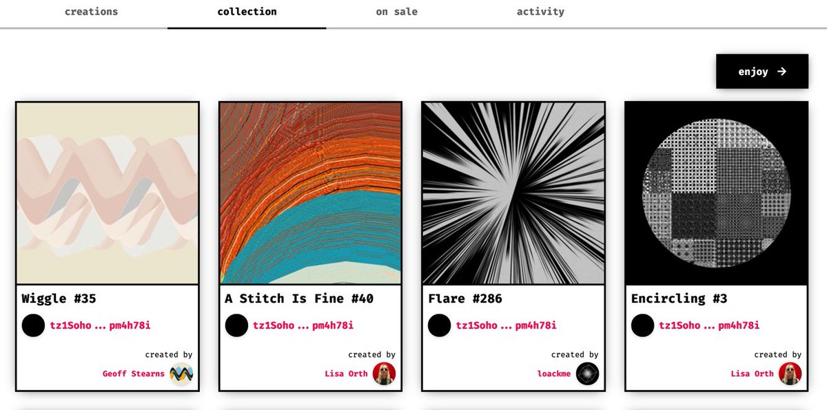 Snatch Oli (@snatcholi) on Twitter photo Absolutely loving these pieces I’ve collected from #fxhash <a href="/fx_hash_/">fxhash</a>      <a href="/tensafefrogs/">Geoff Stearns</a>                                        <a href="/lisaorthstudio/">Lisa Orth</a>                                       <a href="/loackme_/">loackme</a>                                             ❤️🧡💛💚 Absolutely loving these pieces I’ve collected from #fxhash <a href="/fx_hash_/">fxhash</a>      <a href="/tensafefrogs/">Geoff Stearns</a>                                        <a href="/lisaorthstudio/">Lisa Orth</a>                                       <a href="/loackme_/">loackme</a>                                             ❤️🧡💛💚