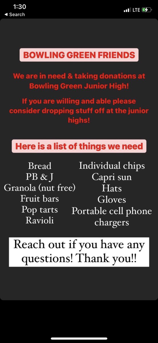 HighCorbin's tweet image. If you would like to help those in need in Bowling Green here is a request from the junior high school there. #kystrong