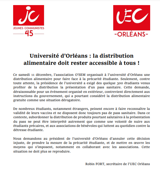 Communiqué pour dénoncer l'obligation d'un pass sanitaire pour accéder aux distributions alimentaires à l'@Univ_Orleans .