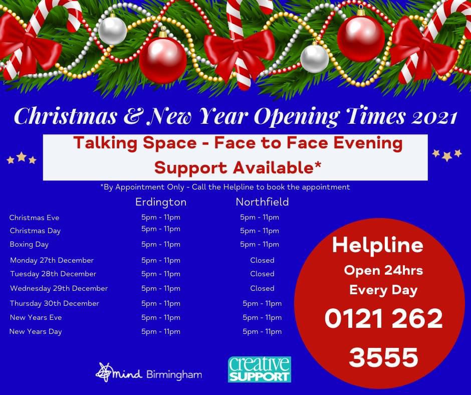 The festive season can be really hard and its universally known that talking really helps. That's why our Talking Space (out of hours service) will be operating every evening over the festive period &amp; throughout all of winter❄️

☎️0121 262 3555 for an appt