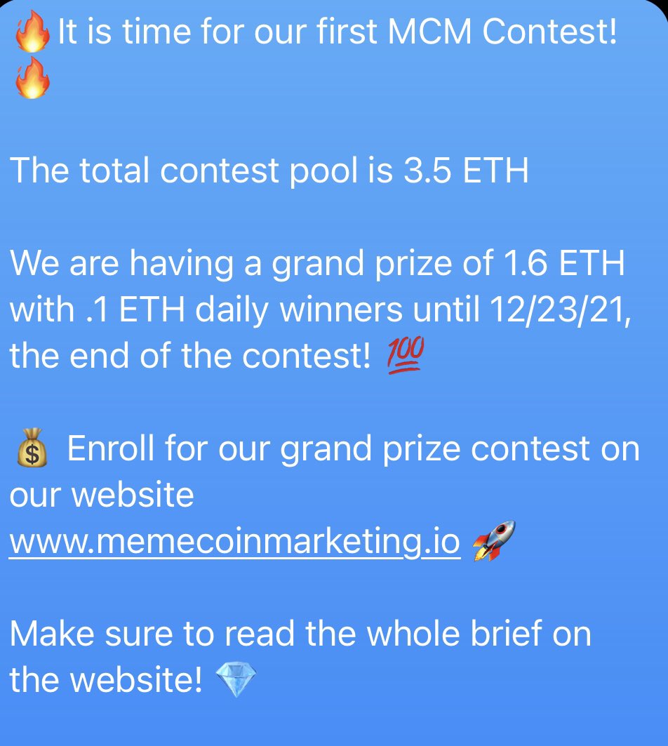 KelevraKing's tweet photo. WHO WANT TO WIN 1.6?!? $MCM has launched their first competition and is ready to explode. Daily winners receive .1

https://t.co/70QpTTZ3sX

#SHIBARMY #SHIB #Ethereum #TRON @MCUtoken #ERC20 #1000xgem #cryptocrash #cryptocurrecy #crypto https://t.co/VeXxelDGWT