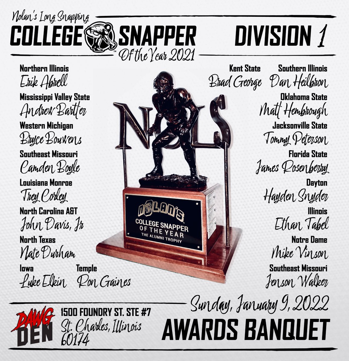 🏆𝗔𝗡𝗡𝗢𝗨𝗡𝗖𝗜𝗡𝗚 the *UPDATED* Finalists for the #NolansLongSnapping 2021 Division 1 College #LongSnapper of the Year Award!

The 4th Winner of this award will be named at the #NolansLSofTYAward Banquet on Sunday, January 9th, 2022.

Vote below who you think should win!