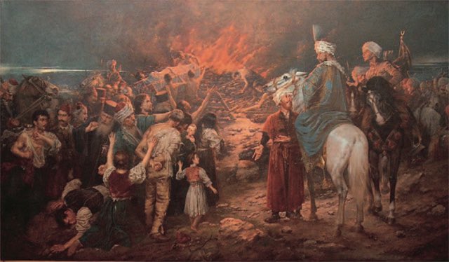 Aziz Sava'nın kalıntılarının Osmanlılar tarafından yakılması, tablo Stevan Aleksić (1912) Sinan Paşa emanetlerin yakılmasını emretti.