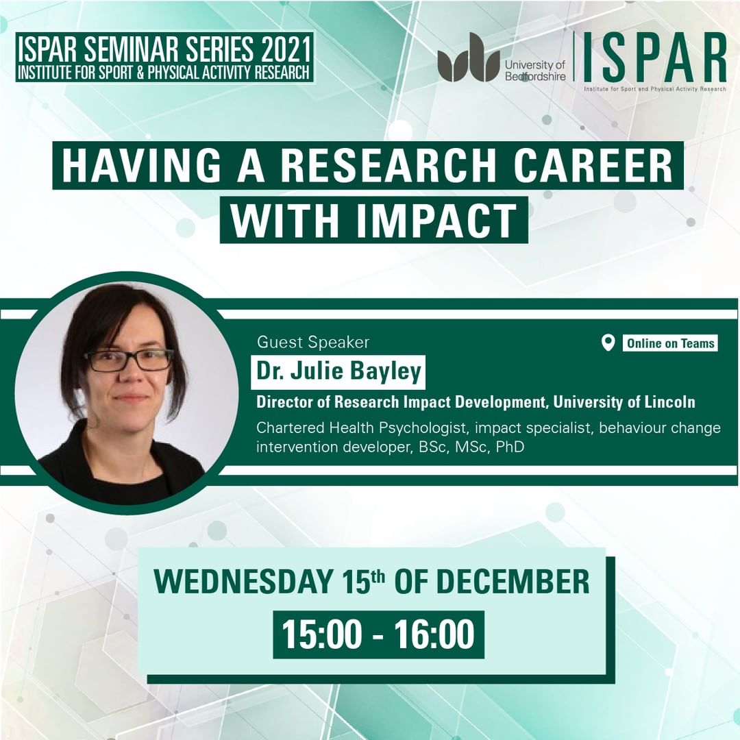 uniofbeds's tweet photo. From 3pm today join our ISPAR Seminar online with Dr Julie Bayley discussing ‘Having a research career with impact’ 💻 Join at: https://t.co/RtONhTqLLq 👈 #UniofBeds #ISPAR #PhysicalActivity #Sport @ISPAR_UoB https://t.co/P4AtoFs86a