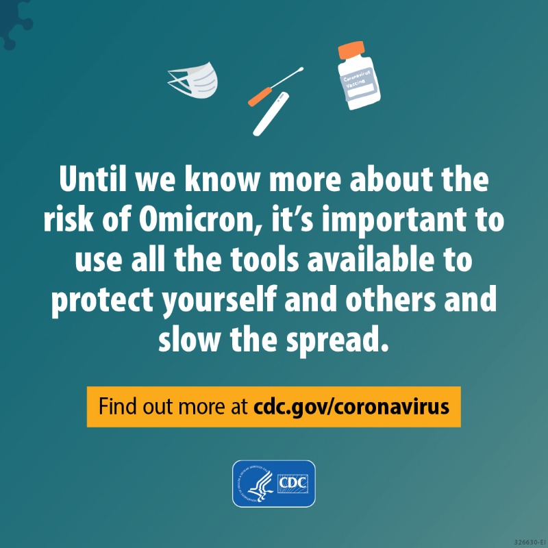 CDCgov's tweet photo. CDC estimates that #Omicron variant now represents about 3% of U.S. #COVID19 cases.

Layered prevention strategies work to prevent COVID-19 spread:
- Vaccines + boosters when eligible.
- Masking in indoor public spaces.

Schedule a vaccine or booster: https://t.co/xbvNibdkCt.