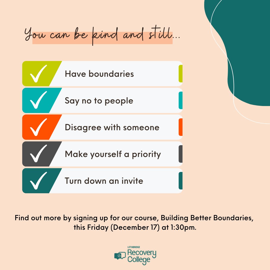 Happy #WellnessWednesday from your friends at #RecoveryCollegeLethbridge! Learn more about building better #boundaries by signing up for our course on Friday (link in bio).

#mentalhealth #yql #lethbridge