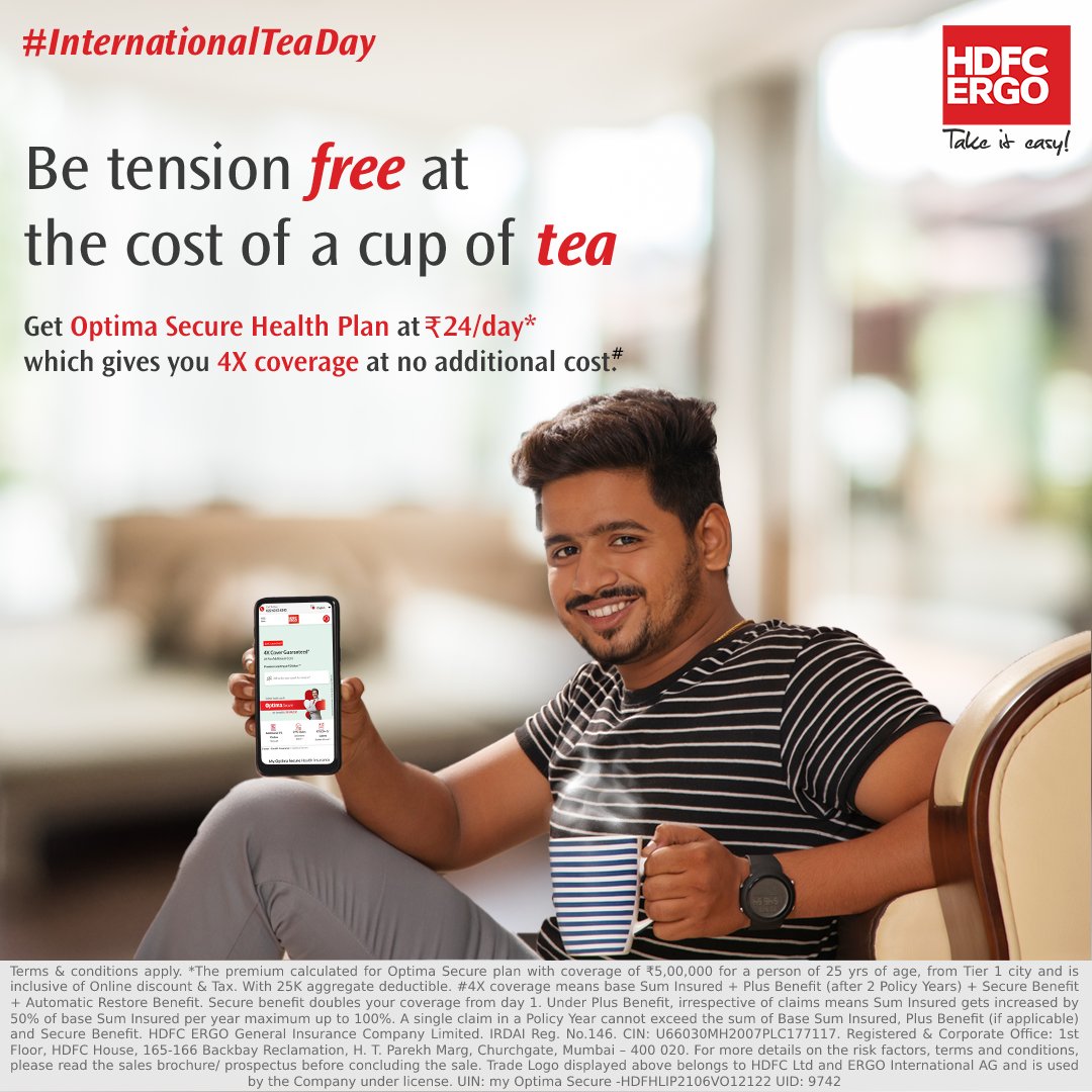 HDFCERGOGIC's tweet photo. Feeling exhausted or got a headache? Have a cup of tea. Worried about a secured future? Get insured with #OptimaSecure while sipping that morning cup of tea & start your day on a posi-tea-ve note. It’s that Easy! Get insured now: https://t.co/8QwMqV8fh9
#InternationalTeaDay https://t.co/QKtWkMJ7ZZ
