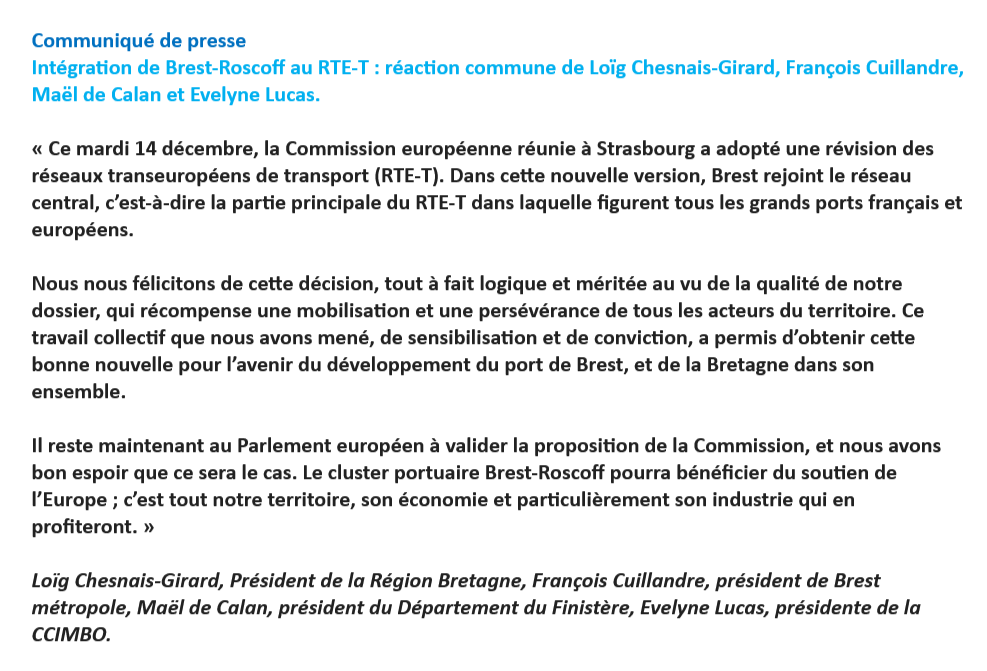 François Cuillandre (@fcuillandre) on Twitter photo Je me félicite de l’annonce faite aujourd’hui de l’intégration de Brest-Roscoff au RTE-T. Cette excellente nouvelle pour #Brest est le fruit d’une mobilisation de tous les acteurs du territoire.
Communiqué commun de <a href="/regionbretagne/">Région Bretagne</a> <a href="/finistere_29/">Département du Finistère</a> @BrestFr <a href="/cci_finistere/">CCI Finistère</a> ⬇️ Je me félicite de l’annonce faite aujourd’hui de l’intégration de Brest-Roscoff au RTE-T. Cette excellente nouvelle pour #Brest est le fruit d’une mobilisation de tous les acteurs du territoire.
Communiqué commun de <a href="/regionbretagne/">Région Bretagne</a> <a href="/finistere_29/">Département du Finistère</a> @BrestFr <a href="/cci_finistere/">CCI Finistère</a> ⬇️