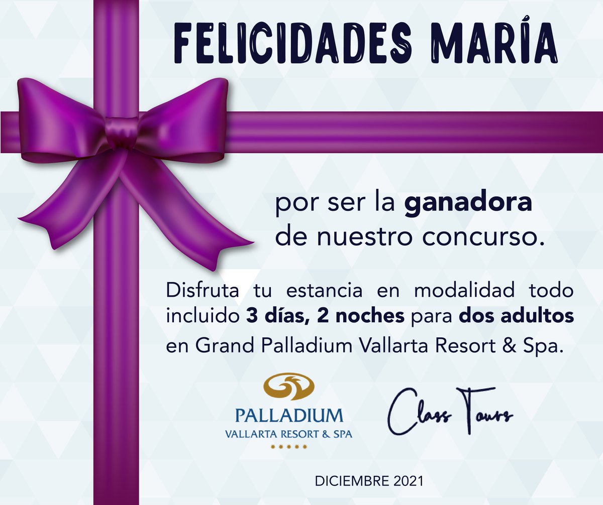 classtoursgdl's tweet image. ¡María Gutiérrez Rodríguez fue la ganadora de nuestro giveaway! 🌅😃 @PalladiumHotels 

Tú también como ella puedes ganar un viaje todo incluido a alguno de los destinos que estaremos visitando, mantente al tanto de cómo en nuestras redes sociales. 
#ClassTours #Classer #Giveaway