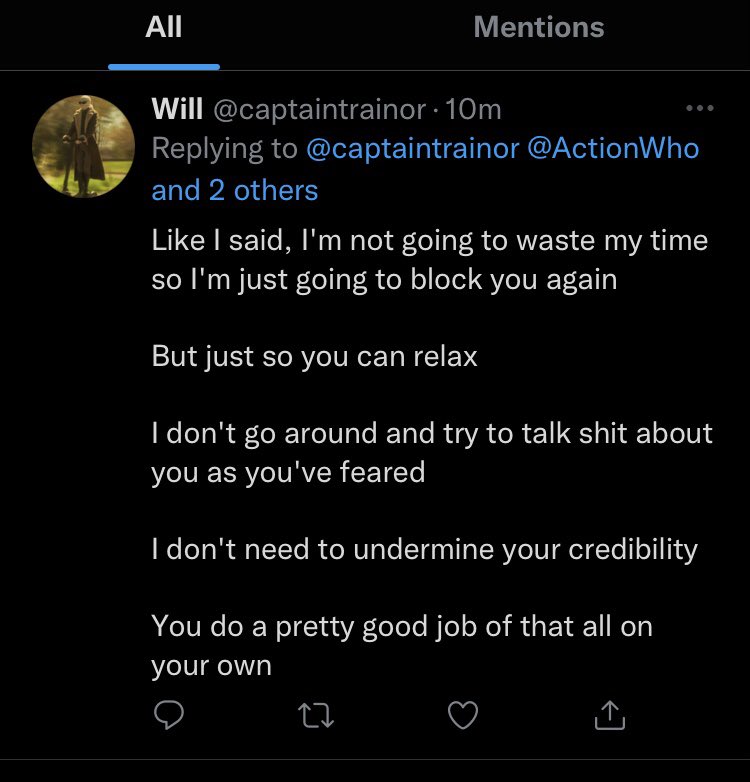 ActionWho's tweet image. Will Brennan aka captain trainor blocking someone then talking trash about them. 
He’s the definition of a coward.