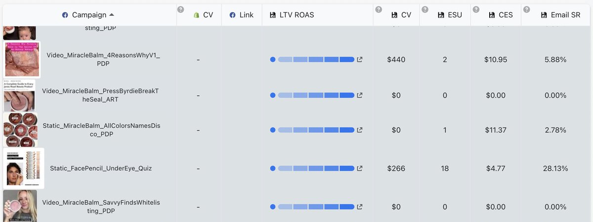codyplof's tweet image. just the 2nd day on the @trytriplewhale pixel and it's already proving to be key. 

Now I can view cost per email sign up (CES) and Email Sign Up Rate (ESU) to optimize. This isn't much data, but you can see the difference the quiz ad makes. 

One extra data point to optimize off