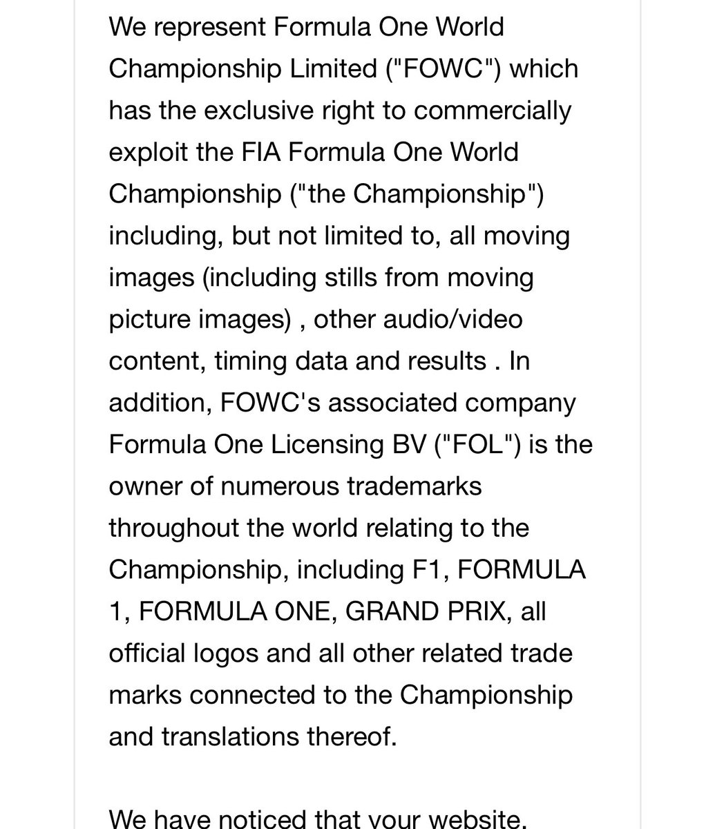 scobie's tweet photo. Interesting that a company representing @F1 sent me a DMCA takedown notice for an eight-second clip (over 500k views) I posted of @LewisHamilton telling his team on radio that Sunday’s race was “manipulated”. Last time I checked, posts like that counted as FAIR USE. A little sus. https://t.co/E8baDSrwvU