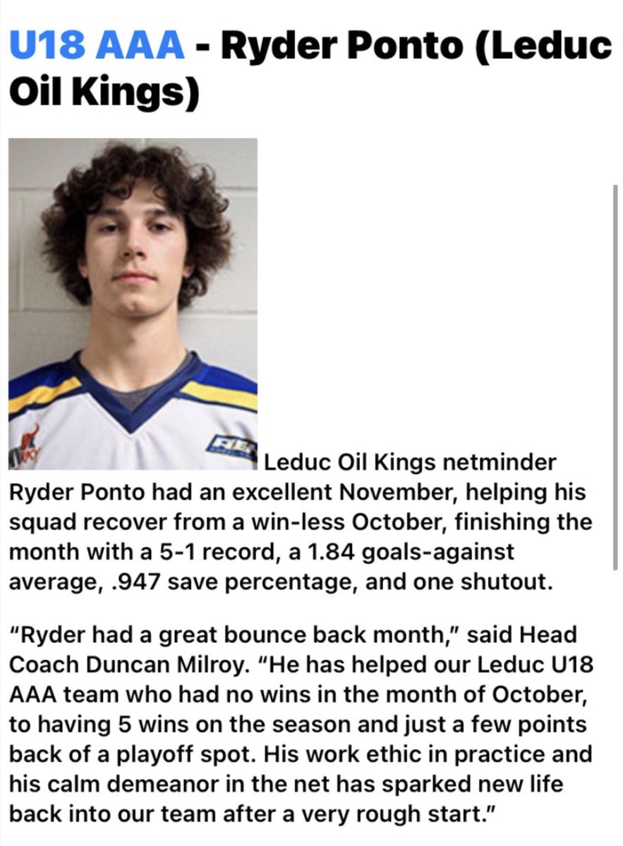 LJACU18AAA's tweet photo. Way to go Ryder Ponto for getting the league November Player of the month in #AEHLU18AAA with a 5-1 Record. #LJAC https://t.co/bdYC2tEwYO