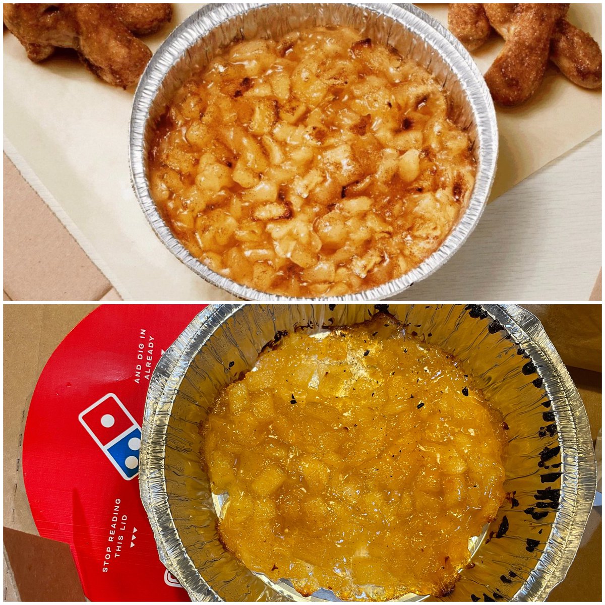 jauerbach123's tweet photo. Really @dominos?? Top is how you advertise the new Dominos Baked Apple Dip. Bottom is what we received. What a disappointment. 
#letdown #falseadvertising #dominos #dominospizza https://t.co/9FBkR6pXqJ