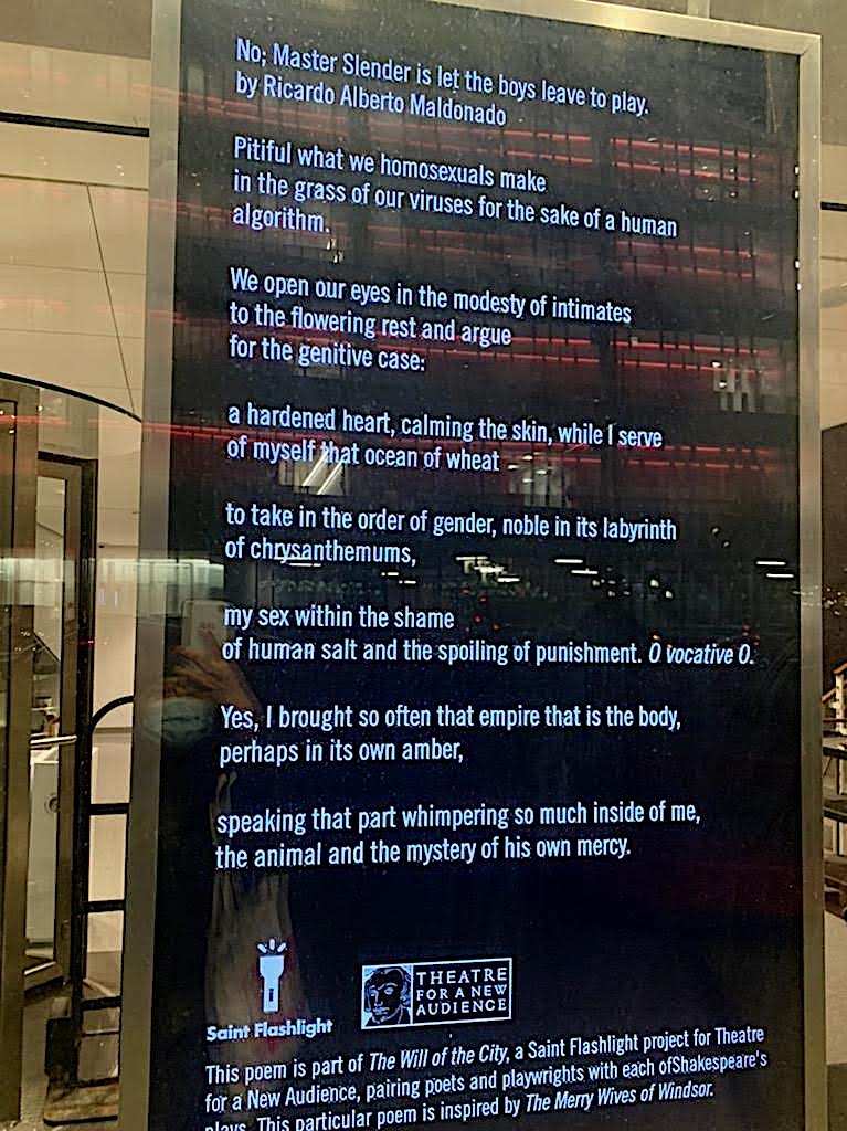 SaintFlashlight's tweet photo. At @TheatreforaNewA, two of The Will of the City's final entries -- one in English; one in Spanish -- come courtesy of expert wordsmith @bookswimming a.k.a. Ricardo Alberto Maldonado.
#shakespeare #poetry #themerrywivesofwindsor #tfana https://t.co/5IGFUD4TnN