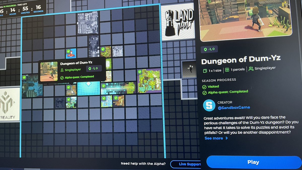 MekaellePenn's tweet photo. @cryptopoopie @TheSandboxGame @AndyRichy12 On this screen, Dungeon of Dum-Yz is a singleplayer instance. Clicking on it in the map, then clicking play on the bottom left is what helped some people. https://t.co/M8f6HcrOGo
