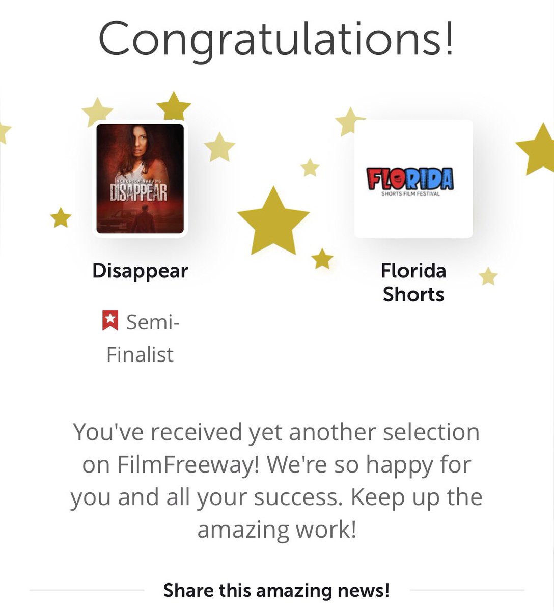 Thank you to #floridashortsfilmfestival I am honored to be a part of the festival and to be at the semi finals stage! #disappear