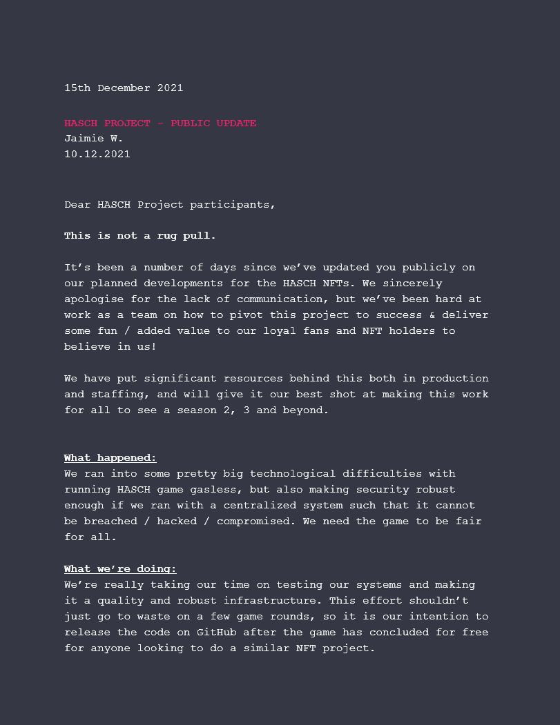 HASCHPROJECT's tweet photo. ⭕️ UPDATE. ⭕️ 
TLDR: 
- This is not a rug. We are not done here. 
- We had a hiccup. We're working to fix it.  We're sorry.
- Free NFT for all holders in the works.
- We're excited for the future.

The game must go on. 👁️ https://t.co/dYC3uHO5a1