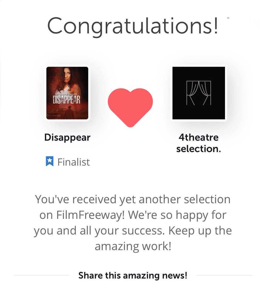 Thank you to #4theatre for choosing #disappear as a finalist! Honored to be a part of the festival!